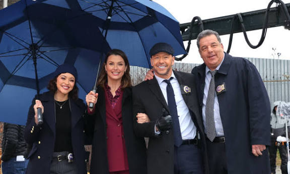 Marisa Ramirez, Bridget Moynahan, Donnie Wahlberg and Steve Schirripa are  seen at film set of the 'Blue Bloods' TV series on March 28, 2024 in New  York City.
