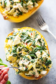 Chicken Spinach Artichoke Spaghetti Squash Paleo Whole30 Keto Recipe With Images Squash Recipes Artichoke Recipes Spinach Artichoke Recipes