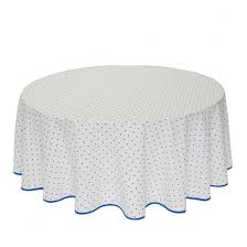 Cette nappe est un subtil mélange entre le charme du provençal ancien et la modernité. Nappe Ronde Coton Enduit Plastifie Exclusif Blanc Bleu 1m80