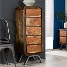 The retro bedroom and living range are crafted by solid wood with partial engineered wood and oak veneer. Aspen 5 Drawer Retro Indian Tallboy Chest Reclaimed Bedroom Chests Of Drawers