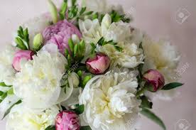 Soft, delicate petals and it's plump delicate appearance embodies enchantment for a romantic look combine with subtle touches of pastel pink. Bride Bouquet Of Wedding Flowers White Peony Wedding Day Decoration Stock Photo Picture And Royalty Free Image Image 53658754