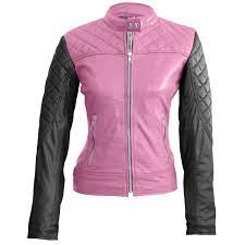 Leather Skin Women Pink With Black Sleeves Shoulder Quilted Genuine Leather Jacket Leather Jackets Women Plus Size Leather Jacket Pink Leather Jacket