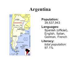 It is, after all, the country's official language. Argentina Population 39 537 943 Languages Spanish Official English Italian German French Literacy Total Population 97 1 Ppt Download