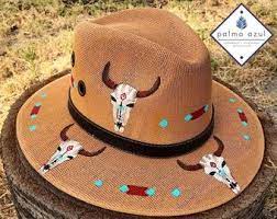 Tenango Hand Painted Panama Hat Etsy Painted Cowboy Hats Painted Hats Custom Made Hats