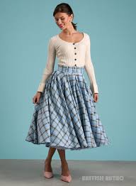 Wanda' Pleated Baby Blue Check 50s Style Skirt | British Retro