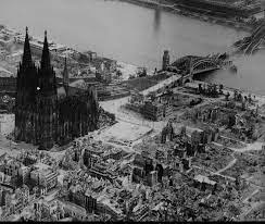 Cathedral of saint peter and mary in the background. 1945 Aerial View Of The German City Of Koln Cologne Around The Cathedral Incessant Air Attacks And The Final Taken Of The City Left It In This Shape Aprox 95 Of The