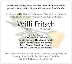 Wie die „bunte berichtet, sei der schauspieler und synchronsprecher thomas fritsch heute, den 21. Traueranzeigen Von Willi Fritsch Www Abschied Nehmen De