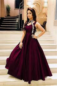 Stylish Light Maroon Color Embroidered Neck Pettern Soft Tafeta Silk G Sareego Com Simple Gowns Simple Gown Design Indian Gowns Dresses