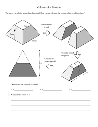 The formula for calculating the volume of a square pyramid frustum: Pyramids And Frustums Volumes Worksheet Teaching Resources