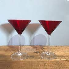 Large glass handpainted decorative sunscape martini stemware glass, very rare! Pair Of Red Martini Glasses Sold Tramps Vintage Decorative