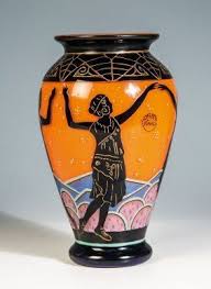 Delatte Seltene Vase Mit Tanzerinnen Andre Delatte Nancy Um 1925 Farbloses Glas Orange Unterfangen Aussen Dunkelblau Uberfangen Uml Vasos Decoracao Potes