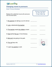 Count nouns or countable nouns are common nouns that can take a plural, can combine with numerals or counting quantifiers (e.g., one, two, several, every, most), and can take an indefinite article such as a or an (in languages which have such articles). Nouns To Pronouns Worksheets K5 Learning