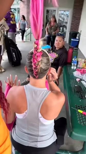 Pink braid ponytail, but make it fun 💕, One braid up the back, one up the front—pulled into a high ponytail. #PinkBraids, #BubbleBraids, #BraidedPonytail, #ytapproved , #BarbieHair