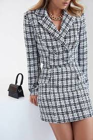 Black And White Plaid Skirt And Jacket Set Plaid Notched Collar Blazer Forever 21 Tweed Outfit Fashion Tweed Skirt Outfit
