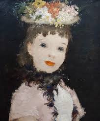 Dietz Edzard -Portrait of a Girl in Pink Dress & Hat of Flowers-Oil Painting