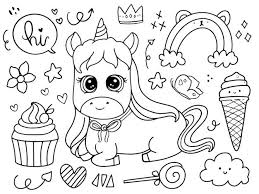 Regenboog tekening voor kinderen printen online. Schattige Baby Eenhoorn Zittend Met Cupcake Doodle Tekening Kleurplaat Pagina Afbeelding Premium Vector