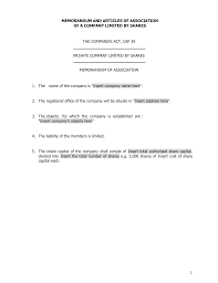The memorandum and the articles of association serve as contracts between the company and its members, and among the members themselves. Template Memorandum And Articles Of Association Of A Company Limited By Shares