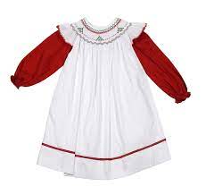 Will Beth Baby Toddler Girls White Pinafore Christmas Dress Long Red Sleeves Smocked Christmas Trees