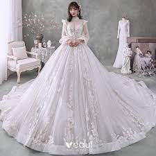 Victorian Style Ivory Bridal Wedding Dresses 2020 Ball Gown See Through High Neck Puffy Long Princess Wedding Dresses Ball Gowns Wedding Sparkle Wedding Dress