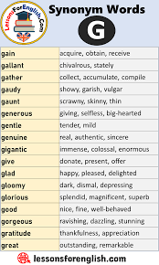 English Synonym Words Starting With G Gain Acquire Obtain Receive Gallant Chivalrous Sta Learn English Words English Writing Skills Learn English Vocabulary