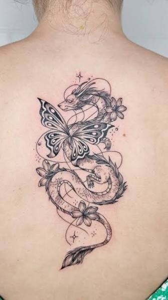 Whimsical dragon with butterfly wings was the brief 🦋, ., I'm always keen to do pretty fine line custom designs so if you interested in booking in with me, my books are open for appointments at ...
