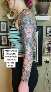 Thank you for all the creative freedom during the process of this sleeve,  Danielle! 💖 #mntattoo #mntattooartist #duluth #mnartist #tattooartist  #ladytattooer #blackandgrey #blackwork #blackworktattoo ...