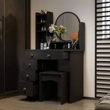 Makeup Vanity Table Set with Lighted Mirror Adjustable Brightness Black,  Size:55"