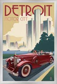 Detroit Michigan Vintage Car Skyline Lantern Press Artwork 24x36 Giclee Art Print Gallery Framed Silver Wood Multi Vintage Travel Posters Travel Posters Art Deco Posters