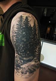 Dark Ink Forest Tattoo On Left Shoulder Tree Tattoo Arm Pine Tree Tattoo Tree Tattoo Men