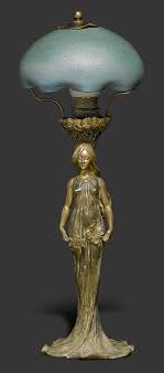 Art Nouveau Table Lamp C 1900 Bronze And Iridescent Glass The Base In The Shape Of A Woman With Floral Or Art Nouveau Lamps Art Nouveau Decor Art Nouveau