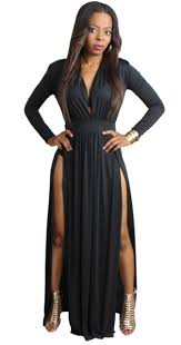 Long Sleeve High Split Maxi Dress Starstruckfashion Maxi Dress Plunge Maxi Dress Split Maxi Dress