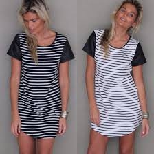Dress Stripes Stripes Stripes Striped Dress Shirt Dress T Shirt Dress Black White Black And White Pleather Sleeves Leather Sleeves Leather Pleather Pleather Dress Wet Look Shoulder Black And White Dress Black And