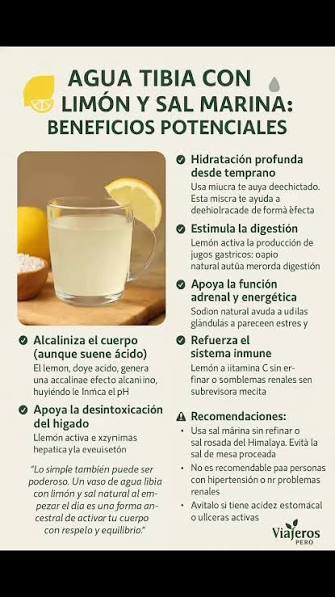 Agua tibia con limón y sal marina beneficios potenciales | Viajeros Perú |  Facebook