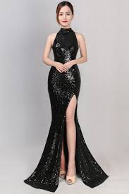 Hang Neck Black Sequin Maxi Dress With Side Splits Dinner Dress Classy Classy Dress Dresses