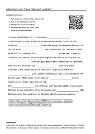 Arbeitsblatt Mit Luckentext Zum Thema Was Sind Molekule Arbeitsblatter Aufgabenstellung Unterricht Schule