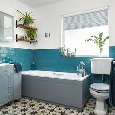 Digital purple floral watercolor prints. Teal Blue Bathroom Makeover With Patterned Floor And Grey Furniture
