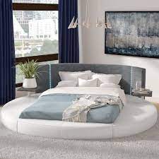 this bed is a low profile bed with excellent contrast design the headboard is upholstered in gray microfiber fabric platform bed round beds king storage bed