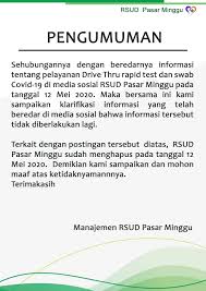 Klarifikasi Pelayanan Drive Thru Rapid Test Dan Swab Covid 19 Rsud Pasar Minggu
