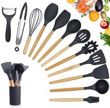 Rain Queen Ustensiles De Cuisine Silicone Antiadhesive Kit Alimentaire Avec Manche En Bois 11 Pieces En 2020 Ustensile Cuisine Cuisine Inox Ustensile