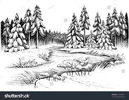 Winter River Under Ice And Forest Landscape Sketch Black And White Vector Illustration Of Snowy Firs Landscape Sketch Landscape Drawings Realistic Drawings