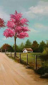 spring background images small house painting of a rural landscape pink blooming tree next nature paintings landscape paintings landscape paintings acrylic