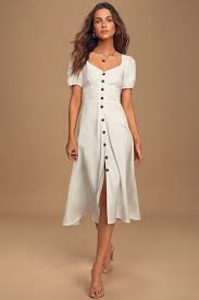 Pippa White Puff Sleeve Button Front Midi Dress In 2020 White Short Sleeve Dress Resort Wear Dresses Midi Short Sleeve Dress