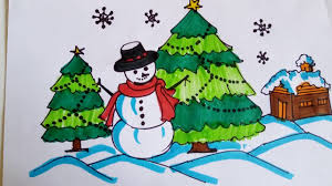 Christmas art christmas projects christmas decorations christmas paintings diy snowman decorations christmas wood crafts christmas drawings for kids snowmen paintings diy christmas gifts for men. Snowman Drawing With Christmas Tree Winter Landscape Painting How To Draw Christmas Picture Youtube