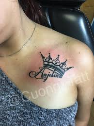 Fine Line Lettering With Crown Tattoo Tattoos For Daughters Shoulder Name Tattoo Tattoos For Guys