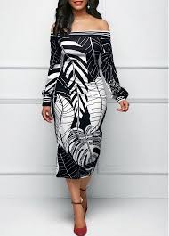Leaf Print Off The Shoulder Black Sheath Dress Black Sheath Dress Fashion Fashion Dresses Online