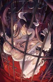 1animal ahoge albedo (overlord) artist name bare shoulders black  feathers black hair black wings breasts cage cleavage demon girl demon  horns demon wings detached collar dress eyelashes feathers female
