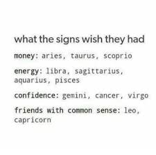 When cancer the collector meets virgo the hoarder, you might have to rent out a storage unit before you rent out a wedding hall. What The Signs Wish They Had Money Aries Taurus Scoprio Energy Libra Sagittarius Aquarius Pisces Confidence Gemini Cancer Virgo Friends With Common Sense Leo Capricorn Confidence Meme On Me Me