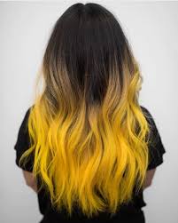 Black hair and yellow hair Black To Yellow Long Wavy Dark Ombre Hair Black Shirt White Background In 2020 Yellow Hair Color Hair Styles Ombre Hair