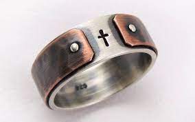 Men Cross Wedding Band Rustic Silver Copper Ring Mens Cross Etsy Engagement Rings For Men Rings For Men Titanium Wedding Rings