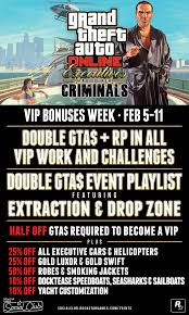 25 sep 2020 5:23 pm +00:00 gta online: Gta Online Executives Bonus Week Double Gta Rp In Vip Work More Feb 5th 11th Rockstar Games